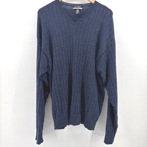 Jos A Bank Mens Navy Blue Ribbed V Neck Merino Wool Sweater Size L